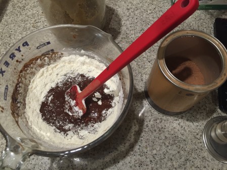 stir in flour, sugar and cocoa